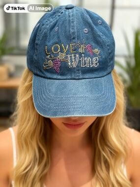 Denim Blue 'Love Wine' Rhinestone Baseball Cap